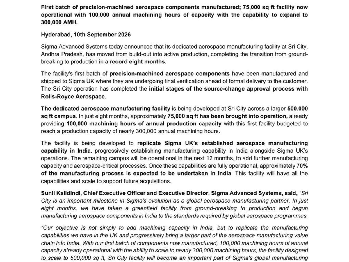 Sigma Sri City aerospace production details in the exact exchange-filed company press release