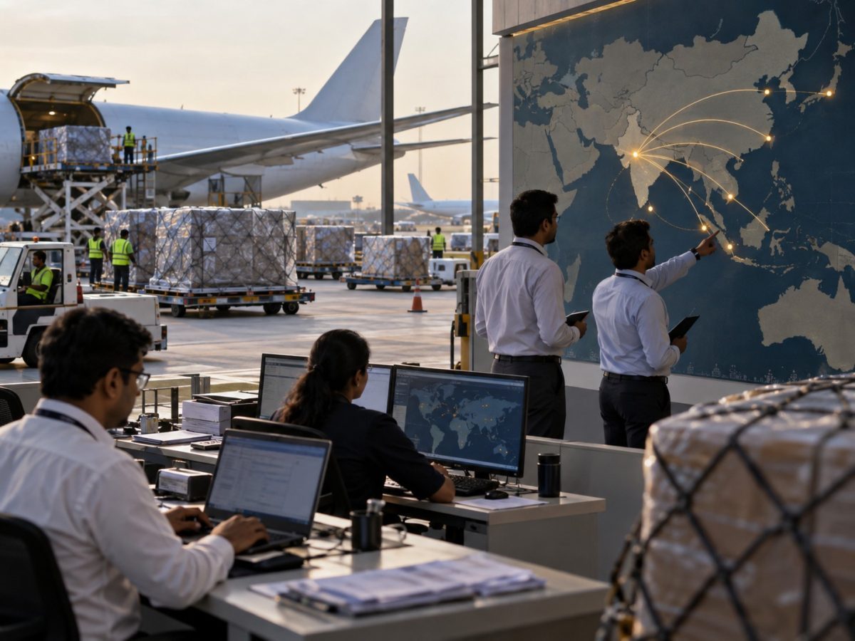 Editorial illustration of air-cargo pallets and an aircraft representing the Skyways Air Asia Expansion network.