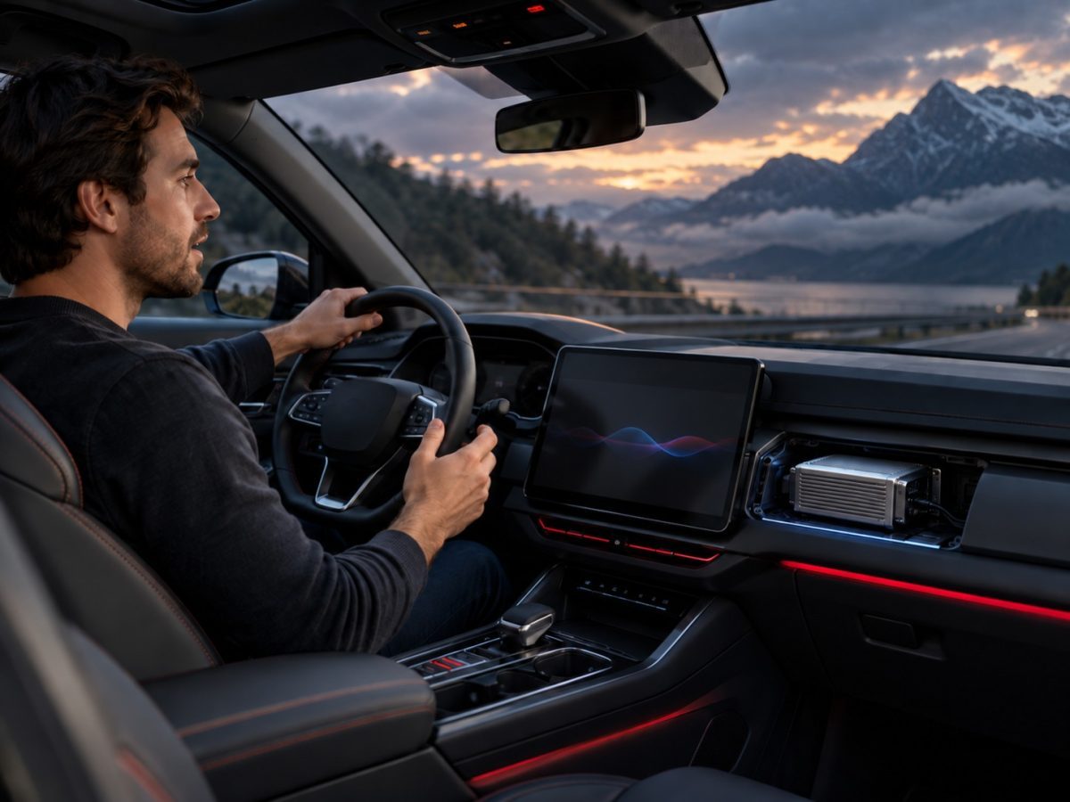 Editorial illustration of SoundHound OASYS Edge running voice assistance locally in a modern vehicle