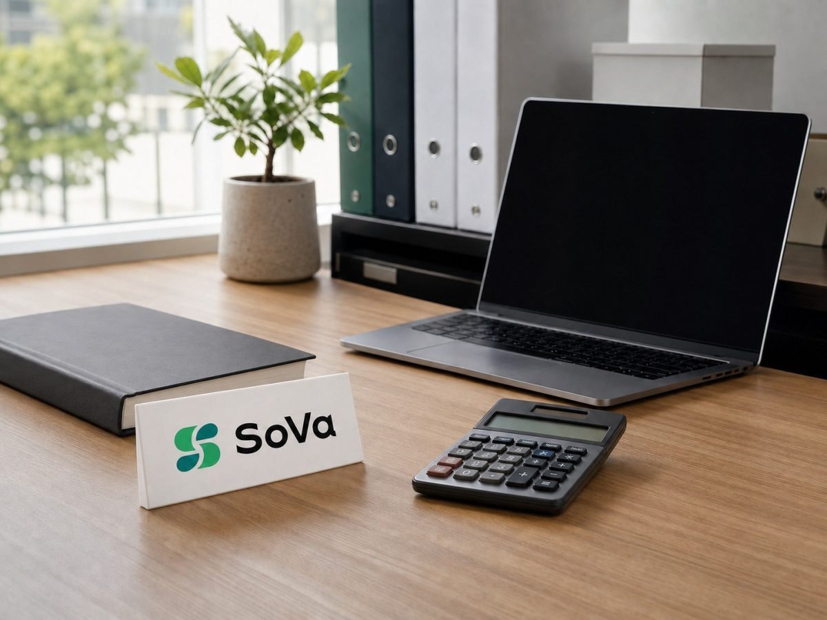 SoVa funding editorial illustration showing the official SoVa mark, calculator, blank notebook and an off laptop on an accounting desk