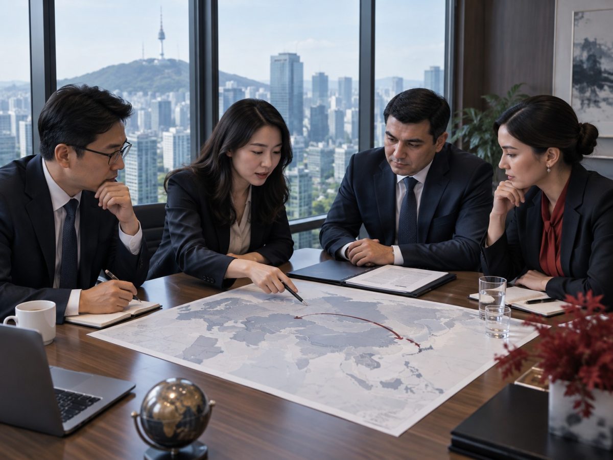 SparkLabs Mirae Fund editorial illustration showing an institutional team mapping a Central Asia to South Korea investment corridor.