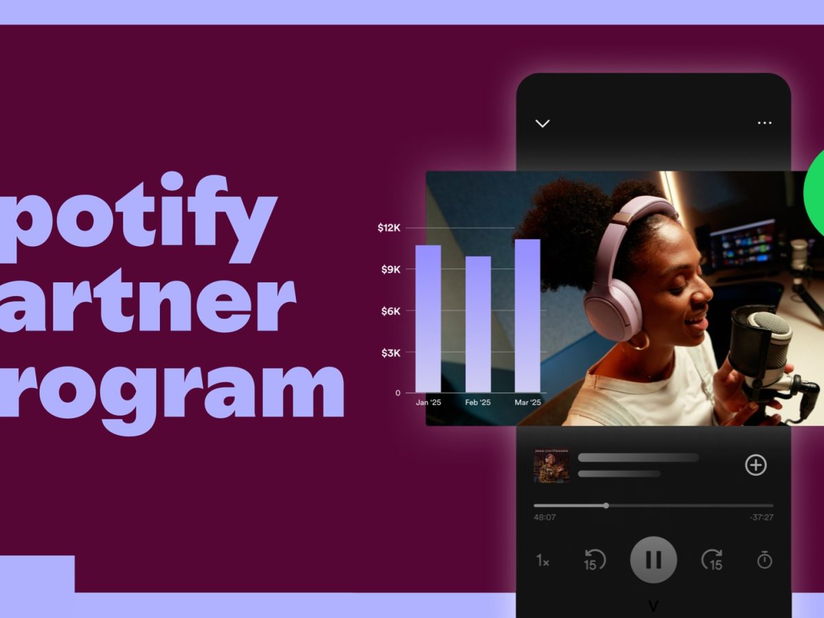 Spotify Partner Program official expansion artwork with a podcast creator and revenue chart.