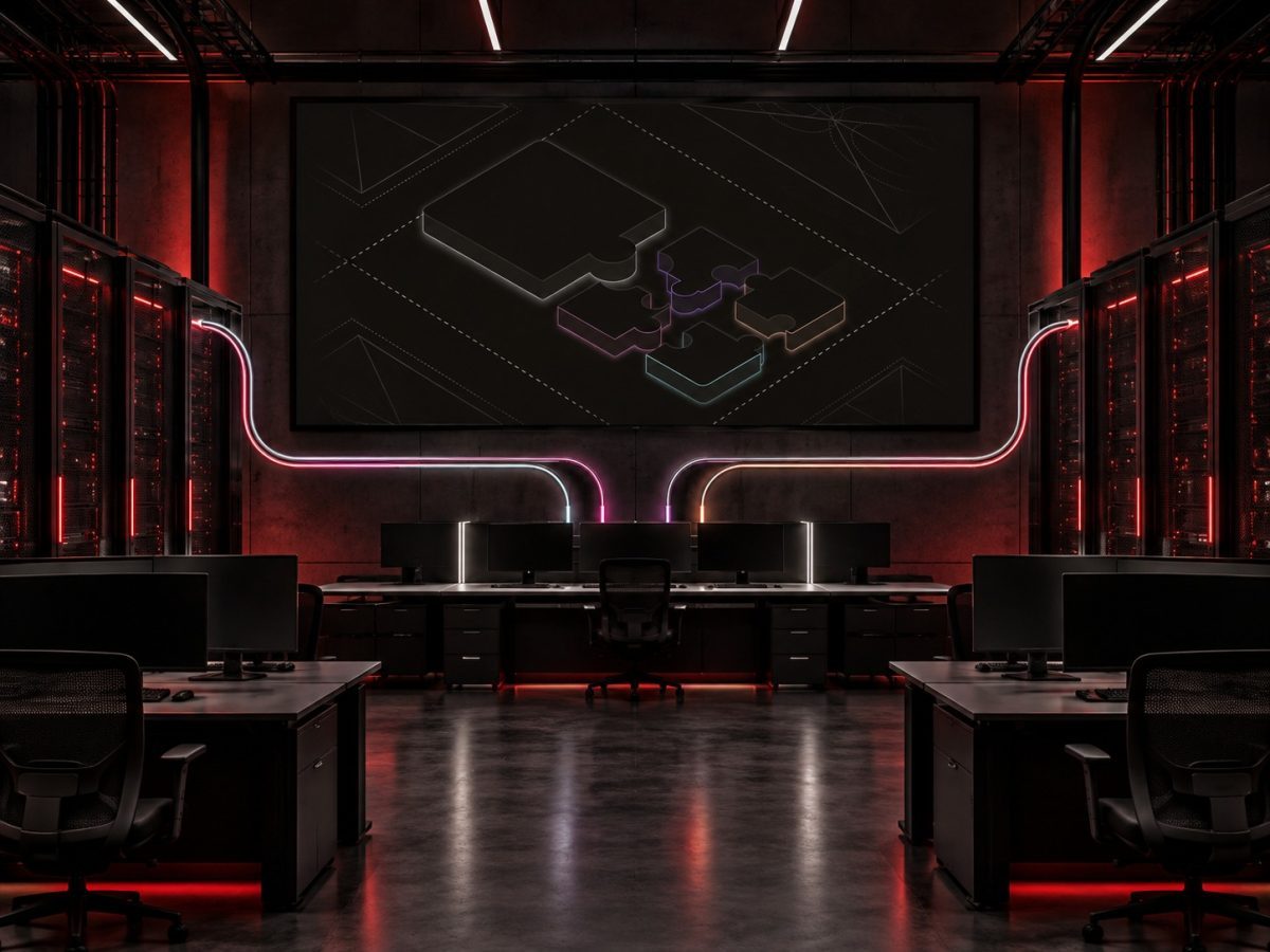 Editorial illustration of a governed network operations room for the StackGen Autonomous Operations Factory.