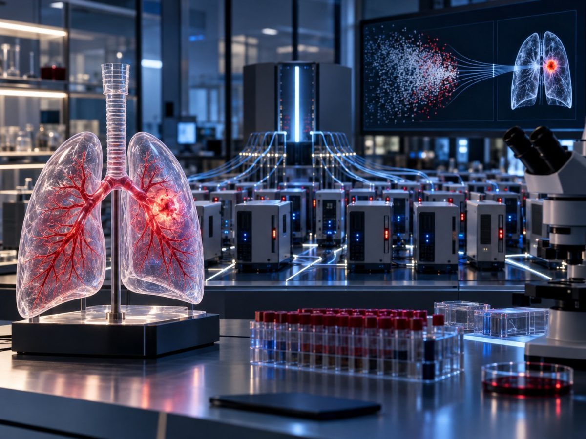 Stanford Virtual Biotech illustrated by a transparent lung model and a hierarchy of coordinated analysis nodes in a research laboratory.