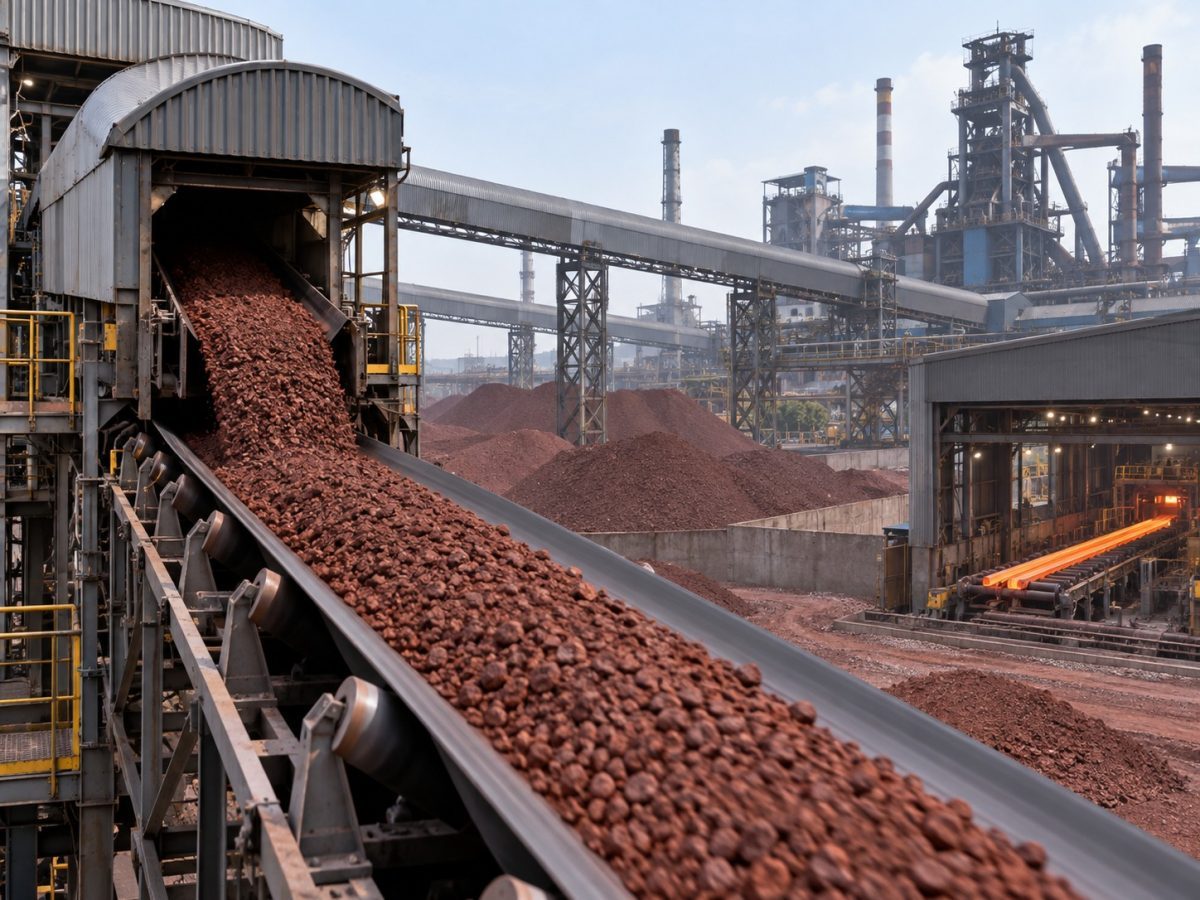 Steel Exchange India NMDC MoU shown as a location-neutral editorial illustration of iron ore feeding a steel plant