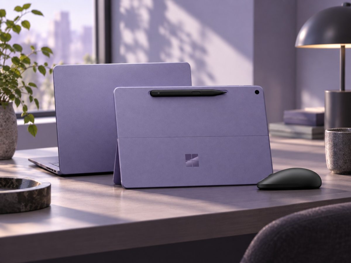 Surface X2 Plus Pro and Laptop devices with pen and haptic mouse in a realistic editorial illustration