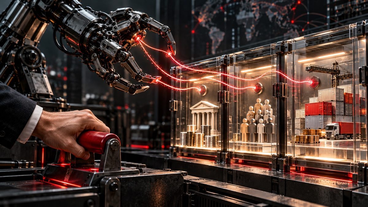 Symbolic robotic claw guiding finance, staffing and shipping workflows behind a human approval control, illustrating Oracle Fusion Claw governance