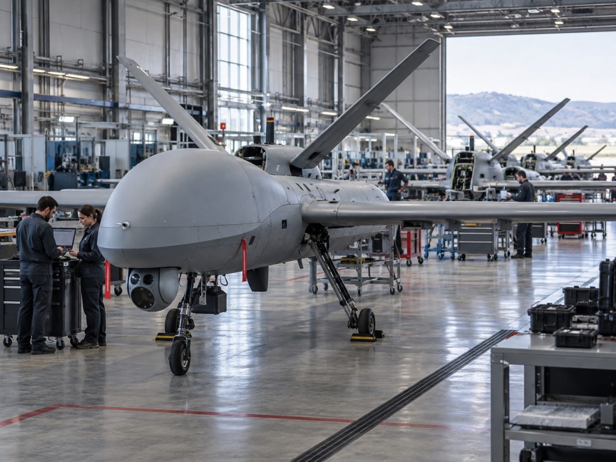 Generated editorial illustration of an unbranded surveillance-drone production line, representing TEKEVER funding and its industrial scale-up.