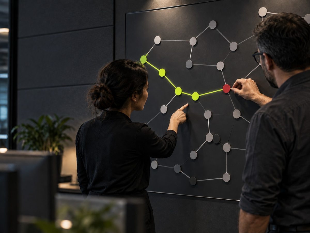Tenable Adversary View editorial illustration of generic analysts tracing an unlabeled attack path on a physical network board.