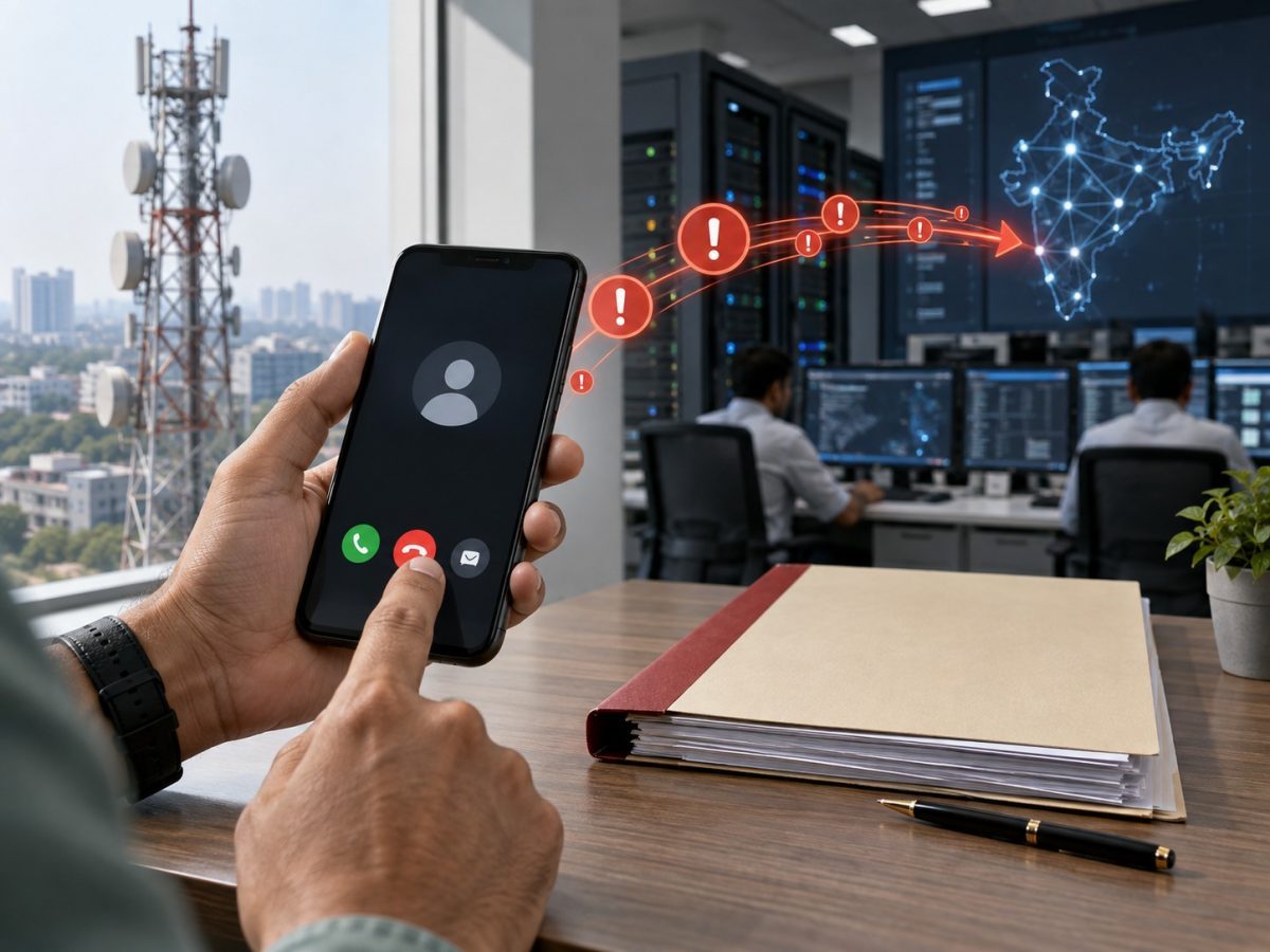 Editorial illustration of an Indian mobile spam report moving from a caller interface into a telecom network operations system.