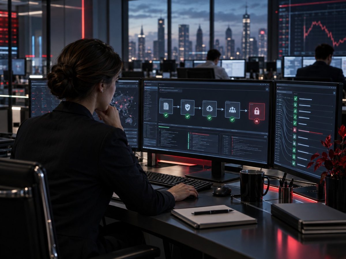 Editorial illustration of a compliance engineer reviewing governed capital-markets agents after Transient AI funding.