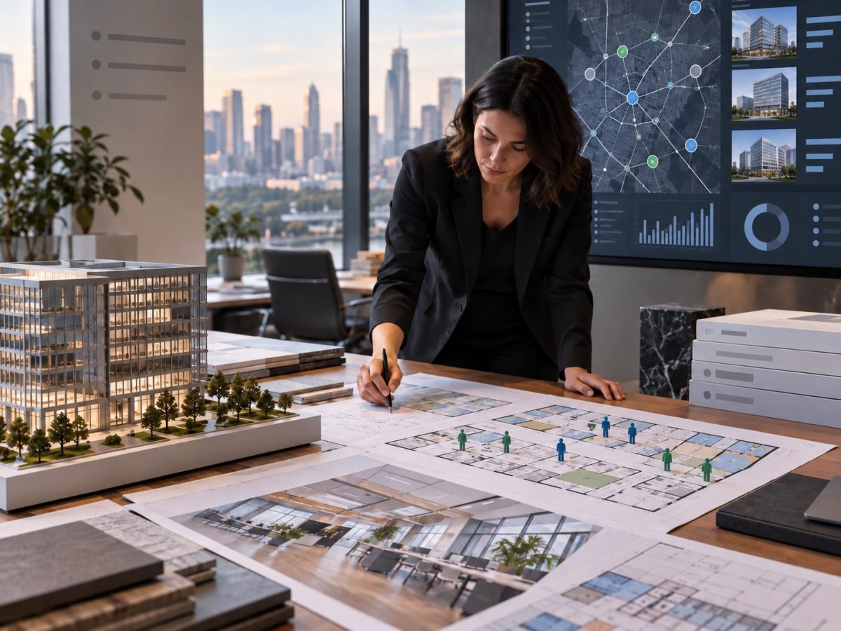 Generated editorial illustration of an analyst planning an office portfolio with building models and governed data, representing Trebellar funding.