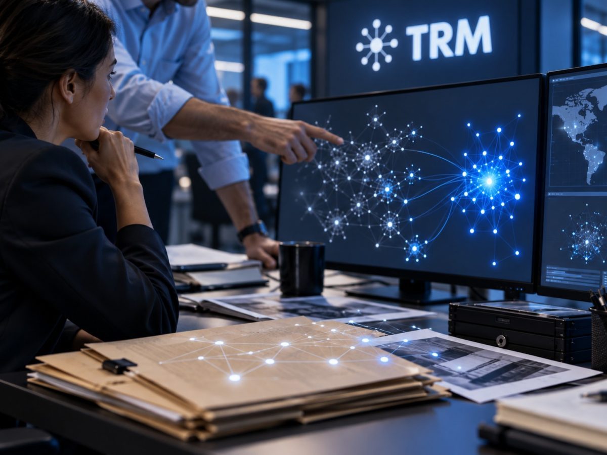 TRM Labs funding shown in a realistic editorial crypto-investigations operations room with the exact TRM identity.