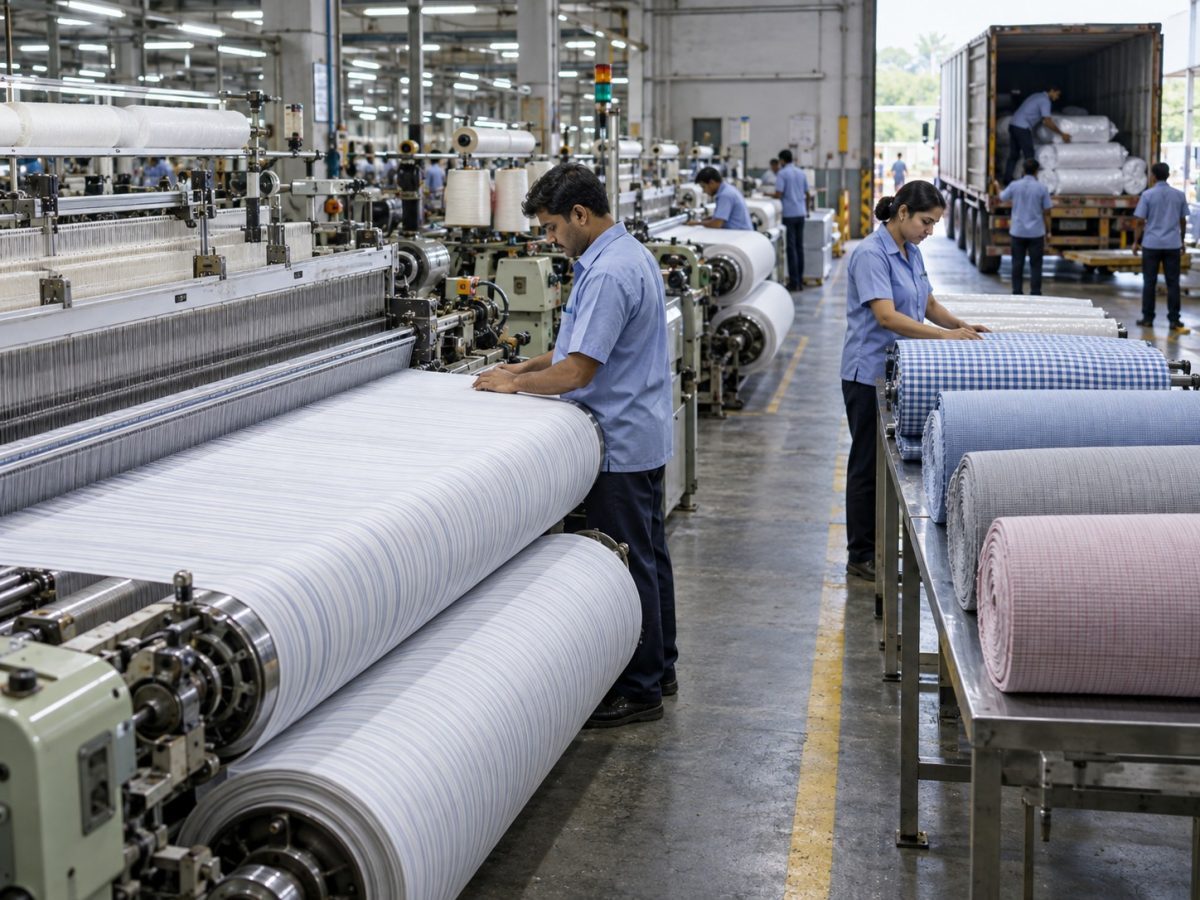 Editorial illustration of textile production and fabric dispatch representing the Tuni Textile orders