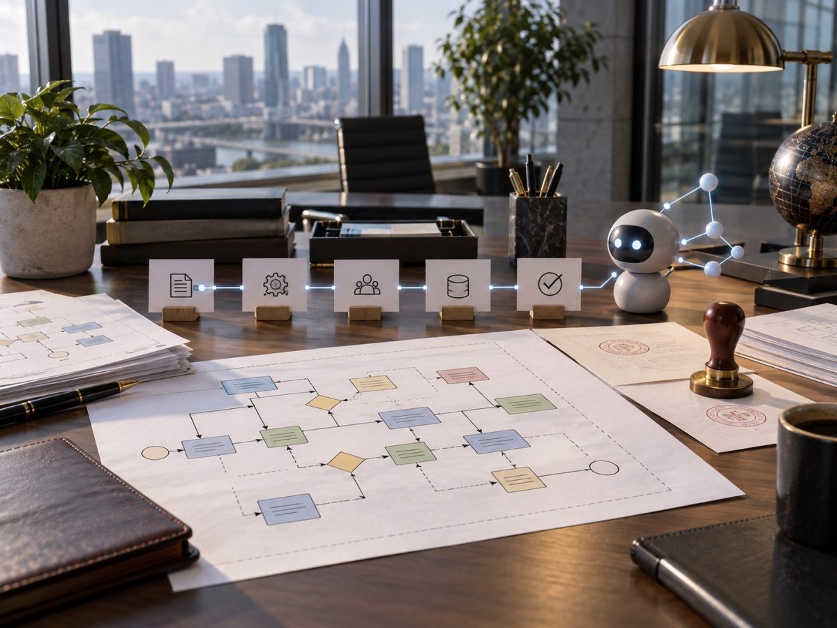 UiPath Cartographer turns enterprise process evidence into a governed map in this editorial illustration.