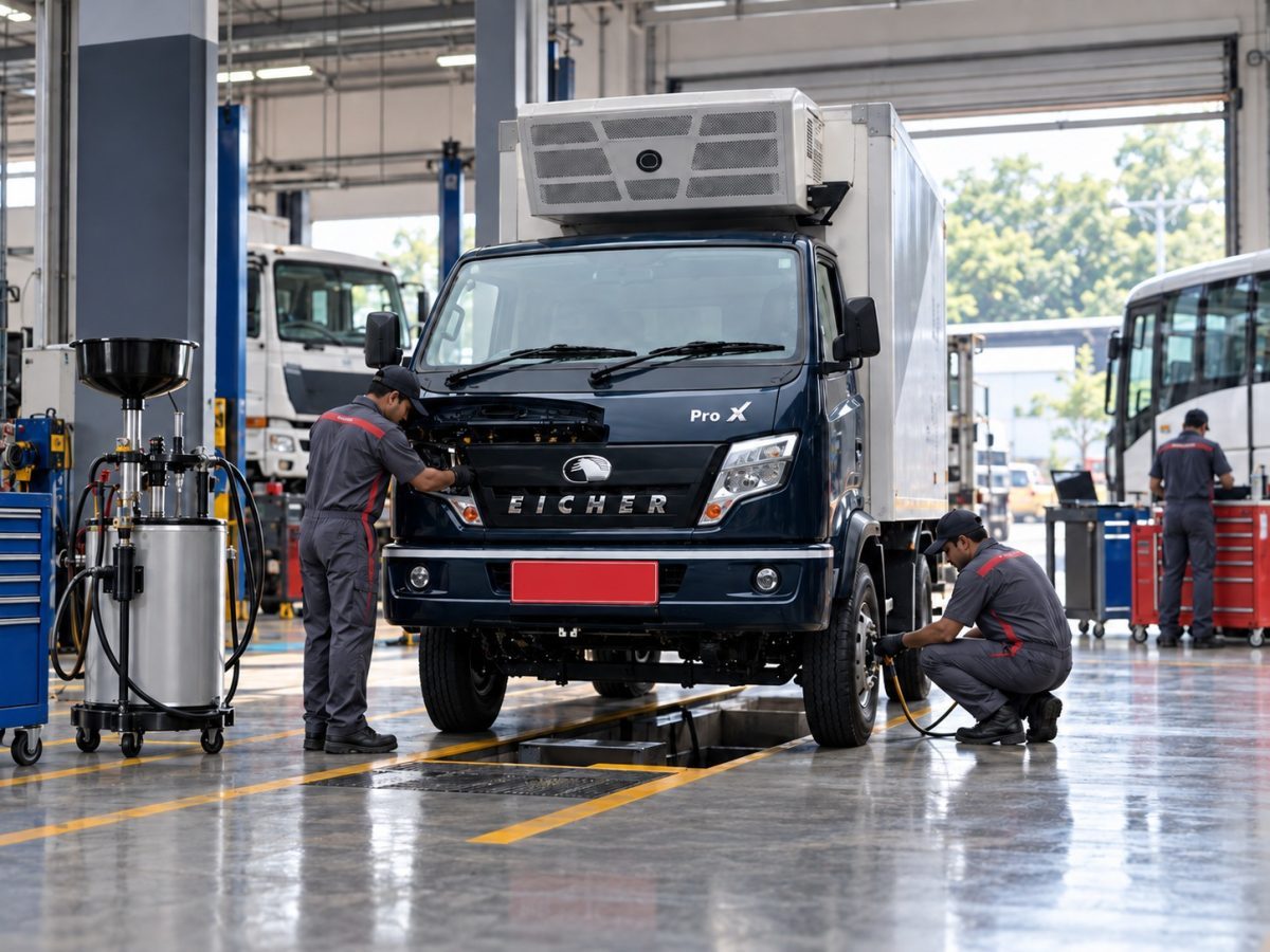 Valvoline partnership editorial illustration showing an exact-source Eicher truck undergoing fleet service