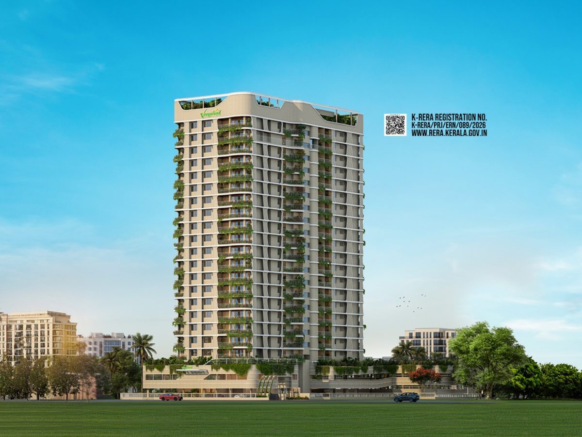 Veegaland IPO official residential project rendering showing a branded Kerala apartment development