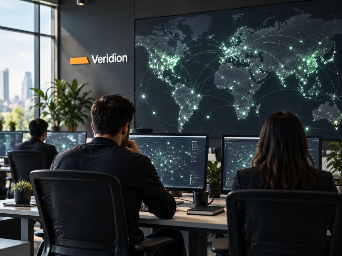 Veridion funding editorial illustration of a data operations workspace mapping global company connections