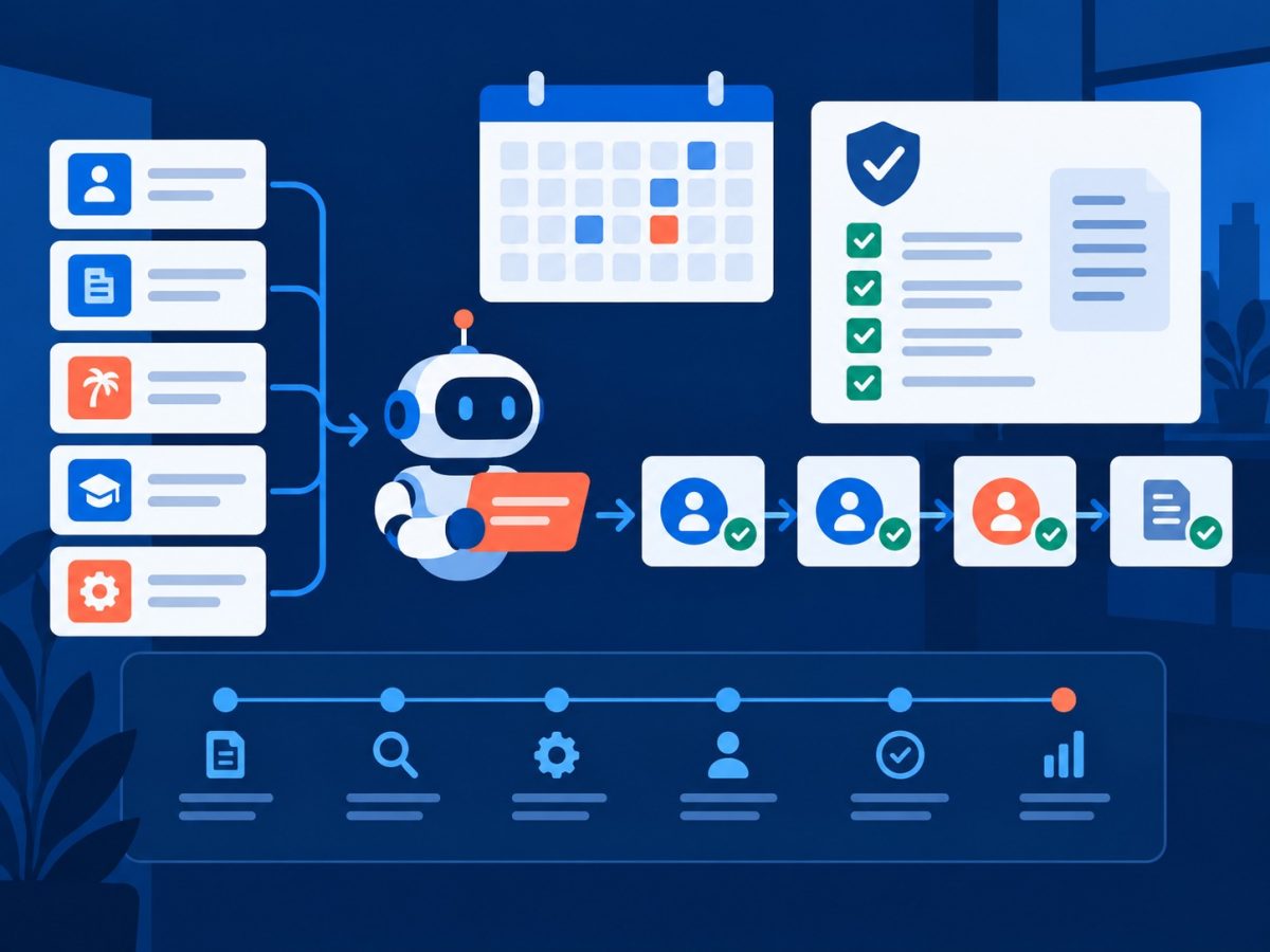 Editorial illustration of auditable HR workflow cards moving through an automated operations system.