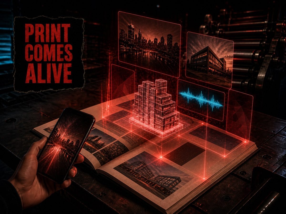 A smartphone tracks an open printed page as browser-based video, audio and a 3D building rise above it in augmented reality.