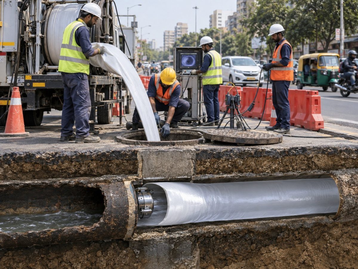 Welspun sewer orders illustrated by an Indian crew relining an underground municipal pipe while traffic continues above.