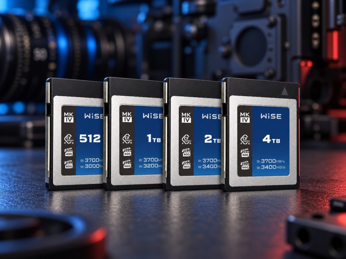 Wise CFexpress MK-IV card family in an editorial product composition anchored to the exact four official cards.