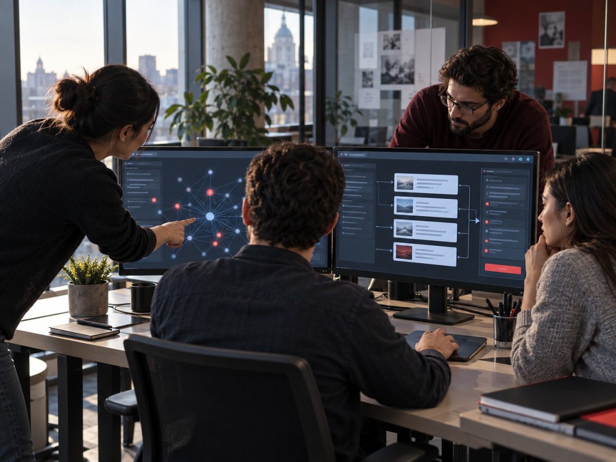 Editorial illustration of two software teams integrating measurement and content workflows after the xSeek acquisition.
