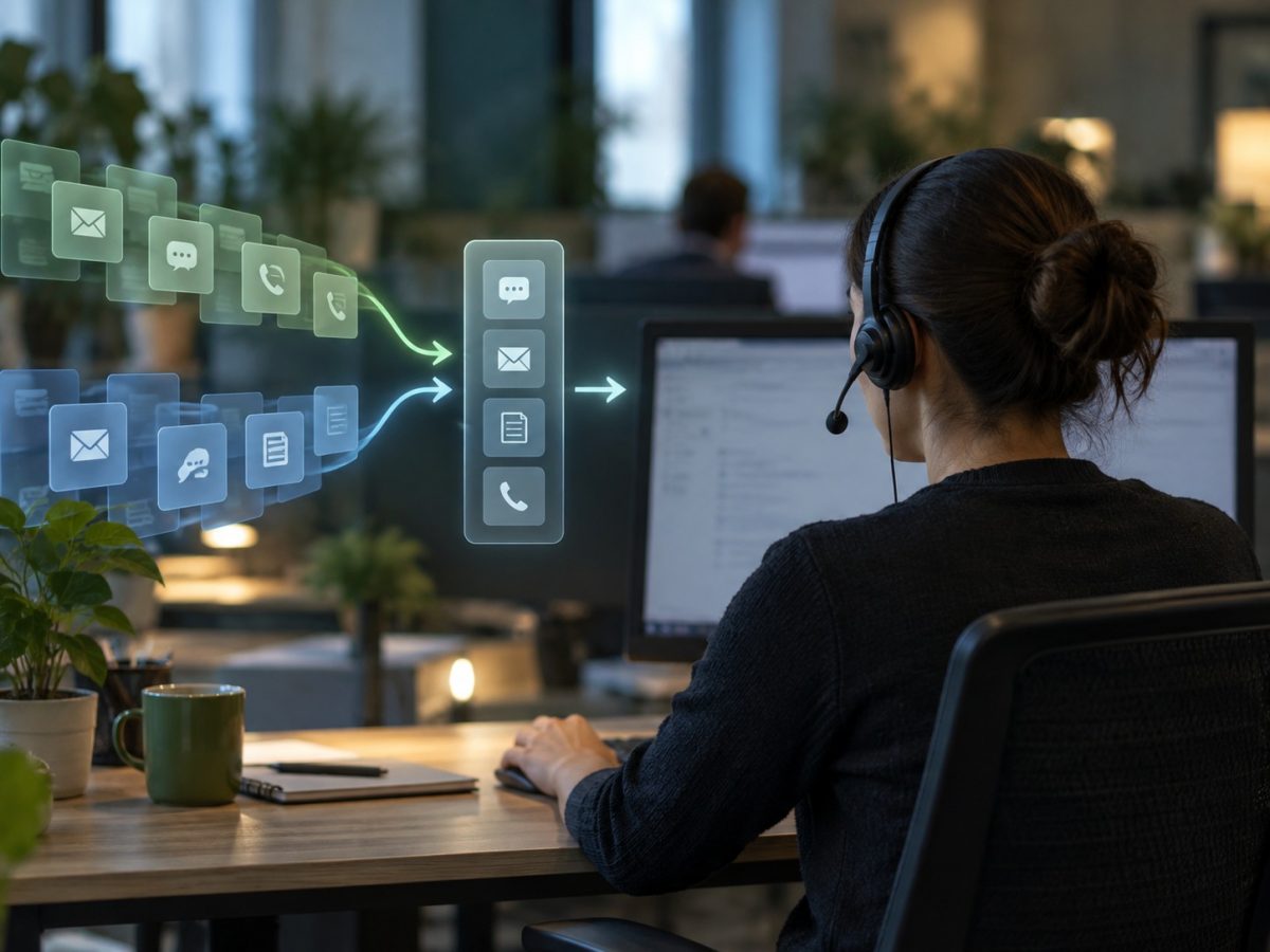 Zendesk Specialized AI Agents editorial illustration showing a service professional supervising two task streams