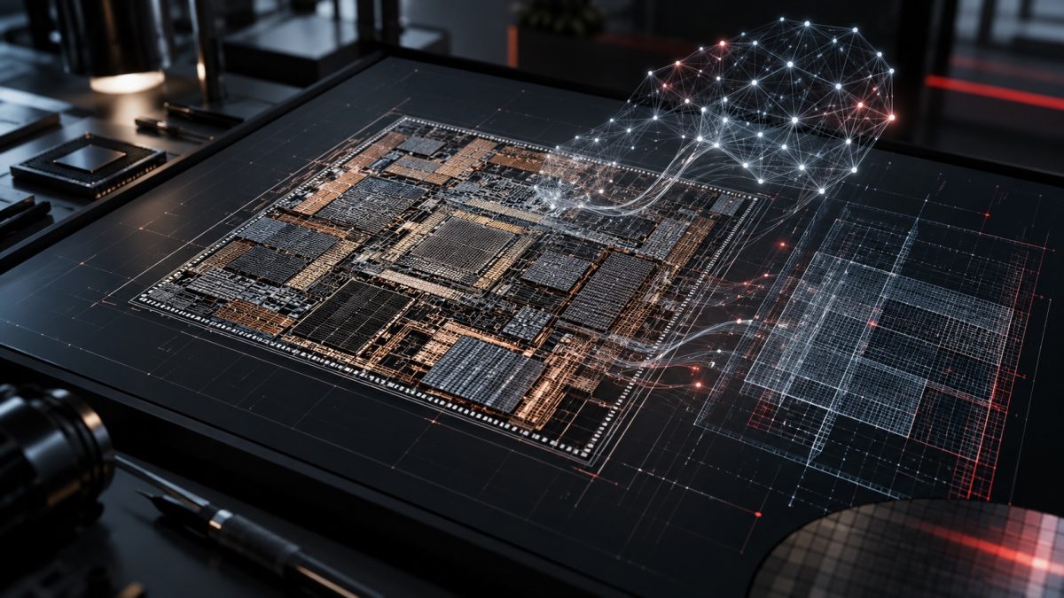 AI chip design concept showing a silicon floorplan and engineering verification grid