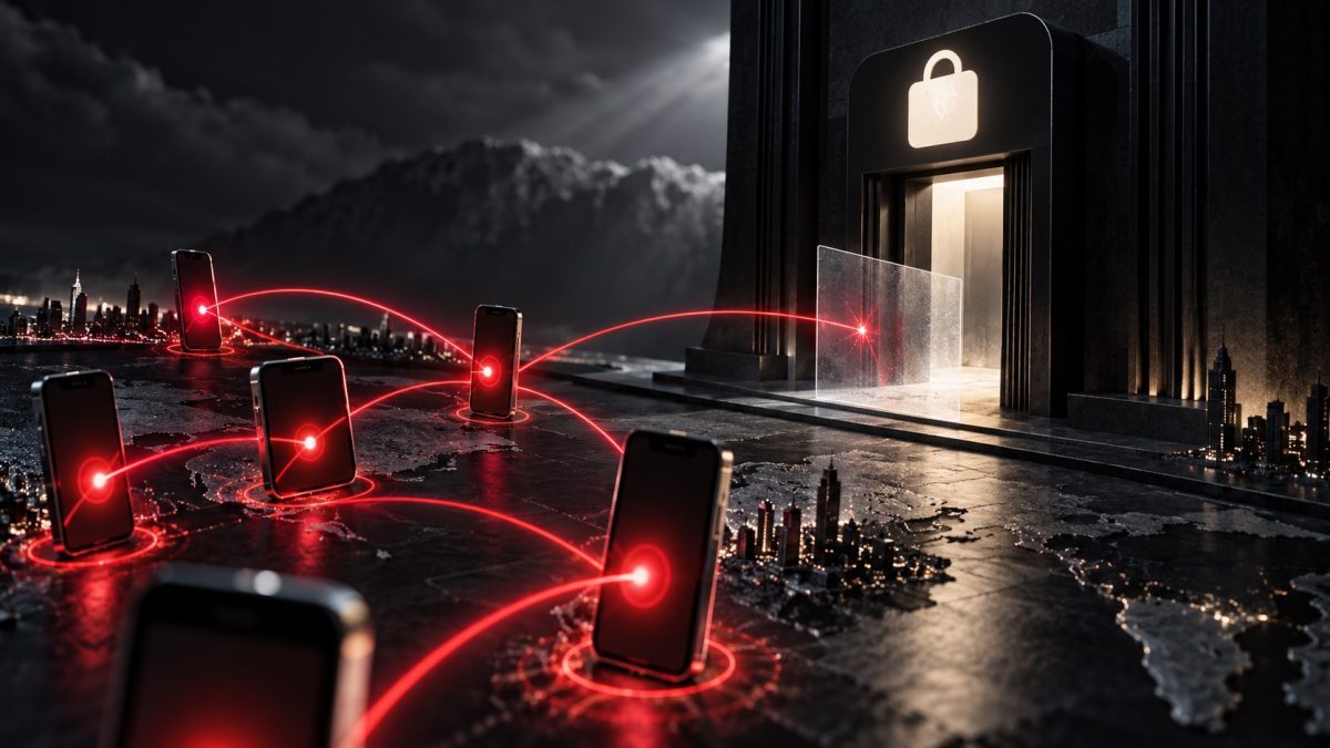 Bitchat India illustration of a Bluetooth mesh reaching a blocked App Store gate