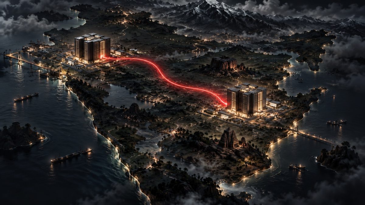 Two Indian data centres linked by a red data route, illustrating Claude AI in-country inference