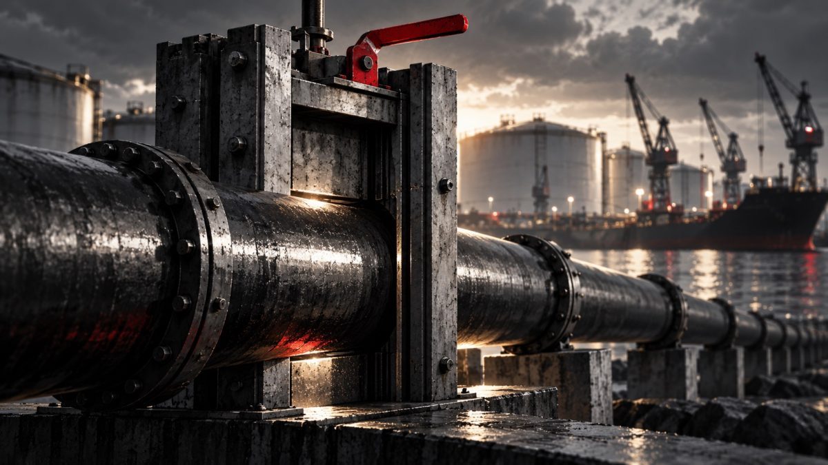 Steel fuel pipe through a red-controlled gate, illustrating temporary diesel trade permission