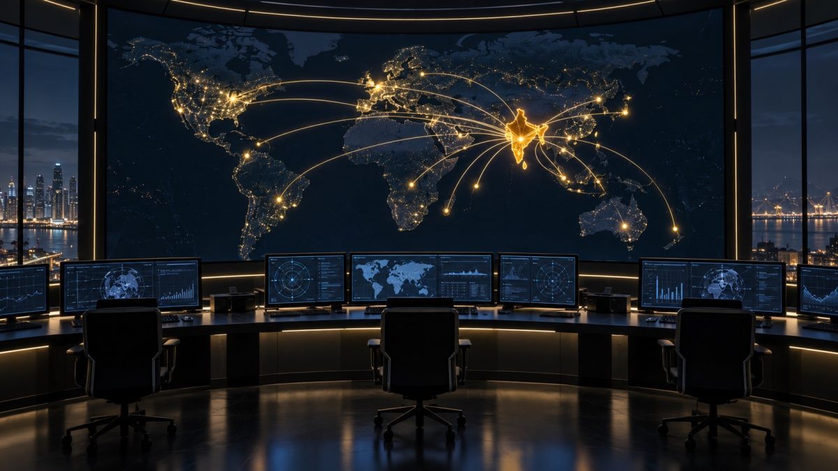Global operations control room with routes converging on India, illustrating the DoorDash India Hyderabad talent hub