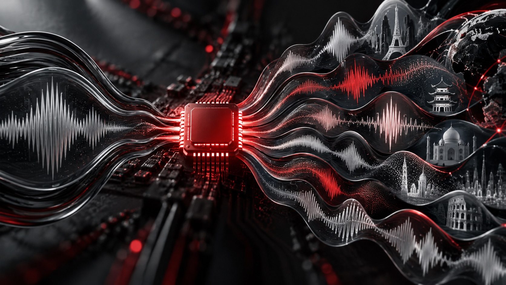 Red speech waves pass through a voice chip and spread into multiple languages, illustrating ElevenLabs v4