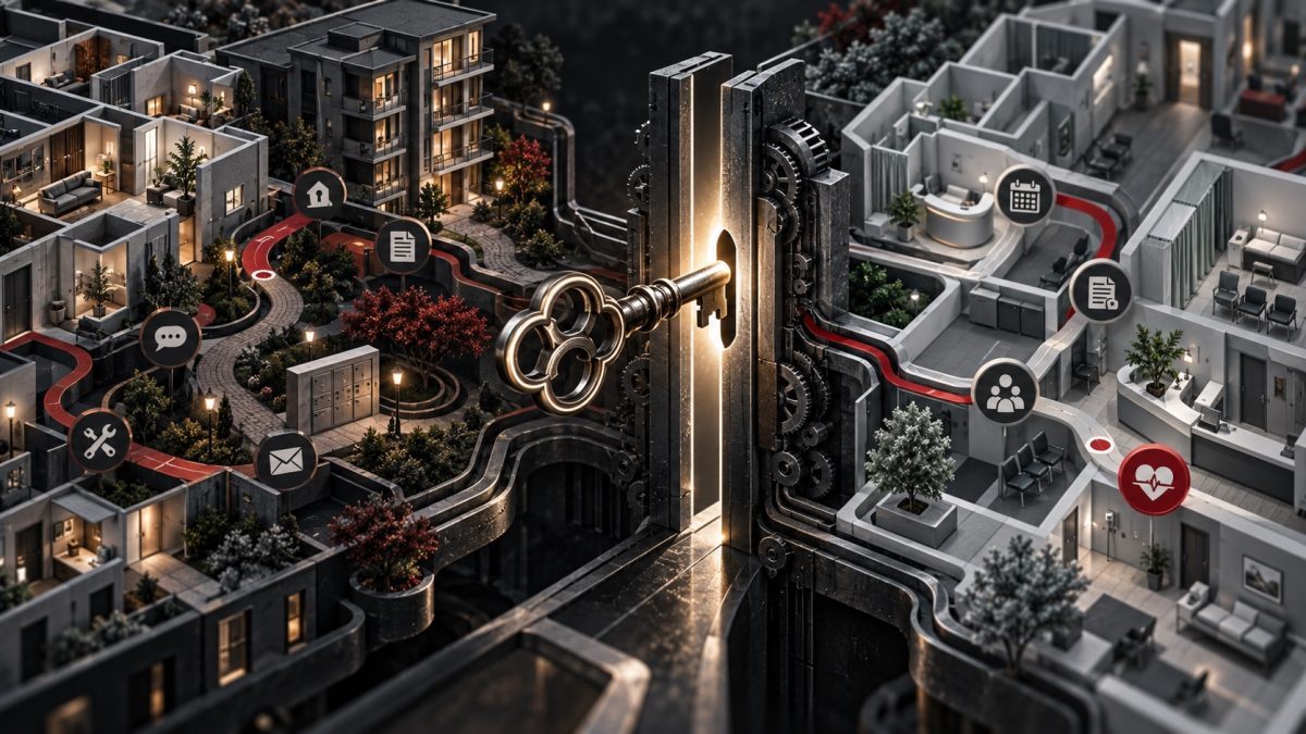 A key links housing and clinic workflows, illustrating EliseAI’s funding and vertical AI expansion