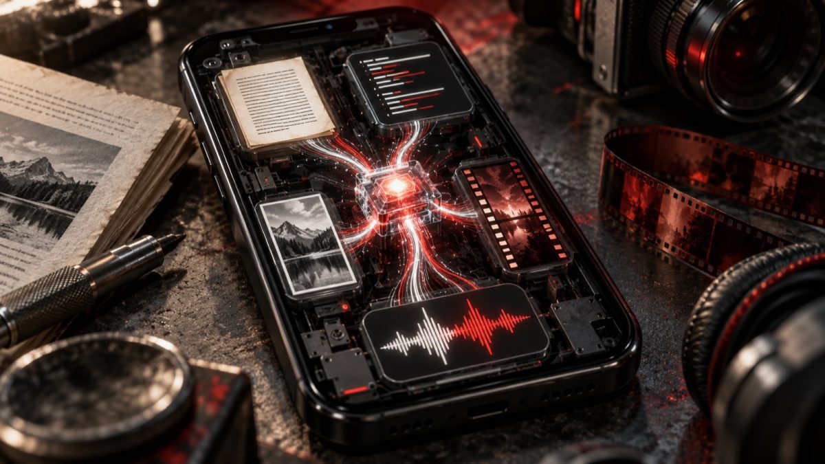 Open smartphone with text, image, video and audio media connected to an internal chip, illustrating EmbeddingGemma 2