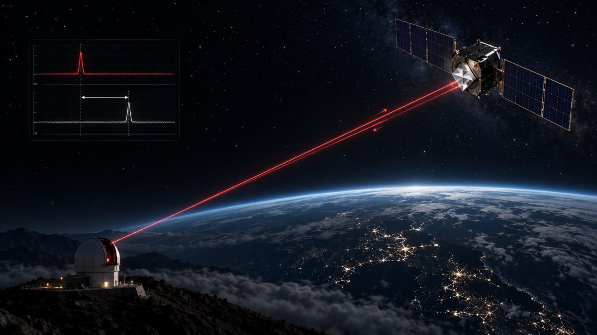 Satellite laser ranging beam reflected from an orbiting satellite above Earth