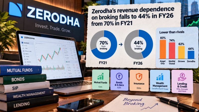 Zerodha Cuts Broking Revenue Dependence to 44% in FY26 From 70% in FY21