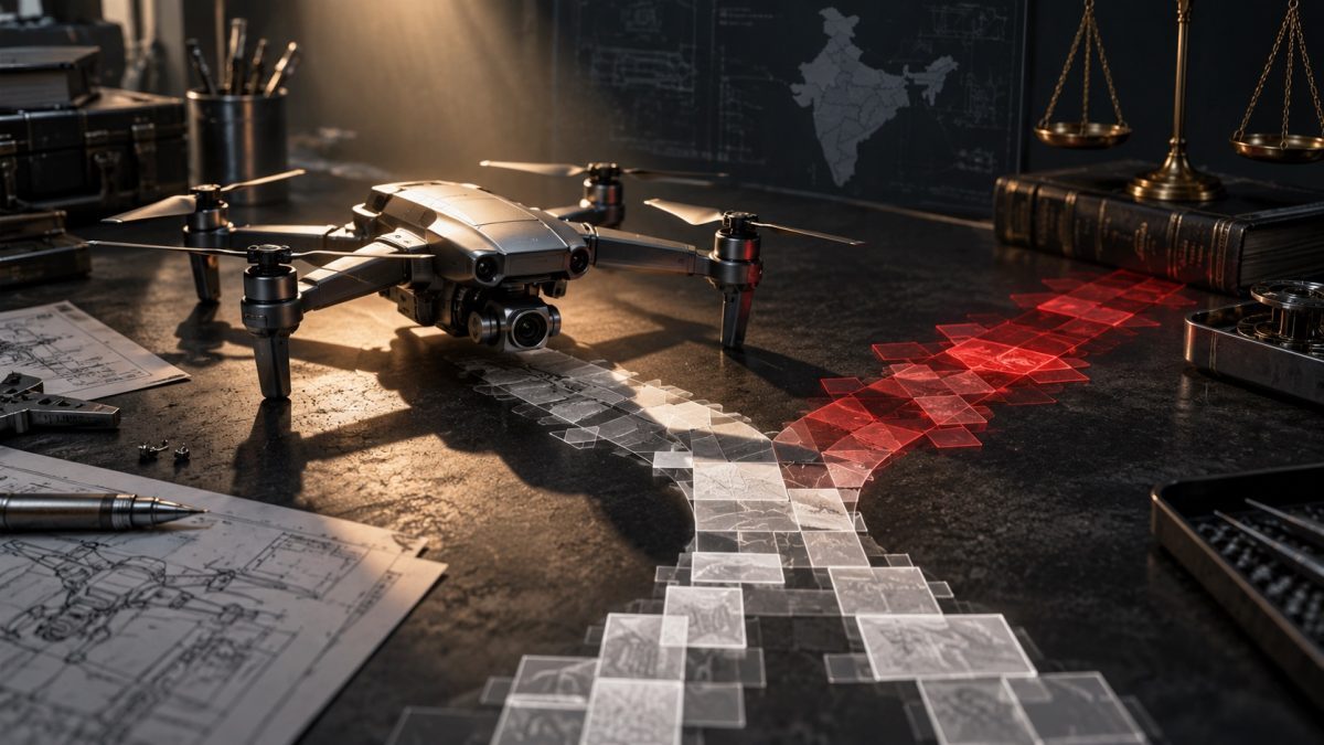 ideaForge drone on workbench with branching paths illustrating disputed GST classification