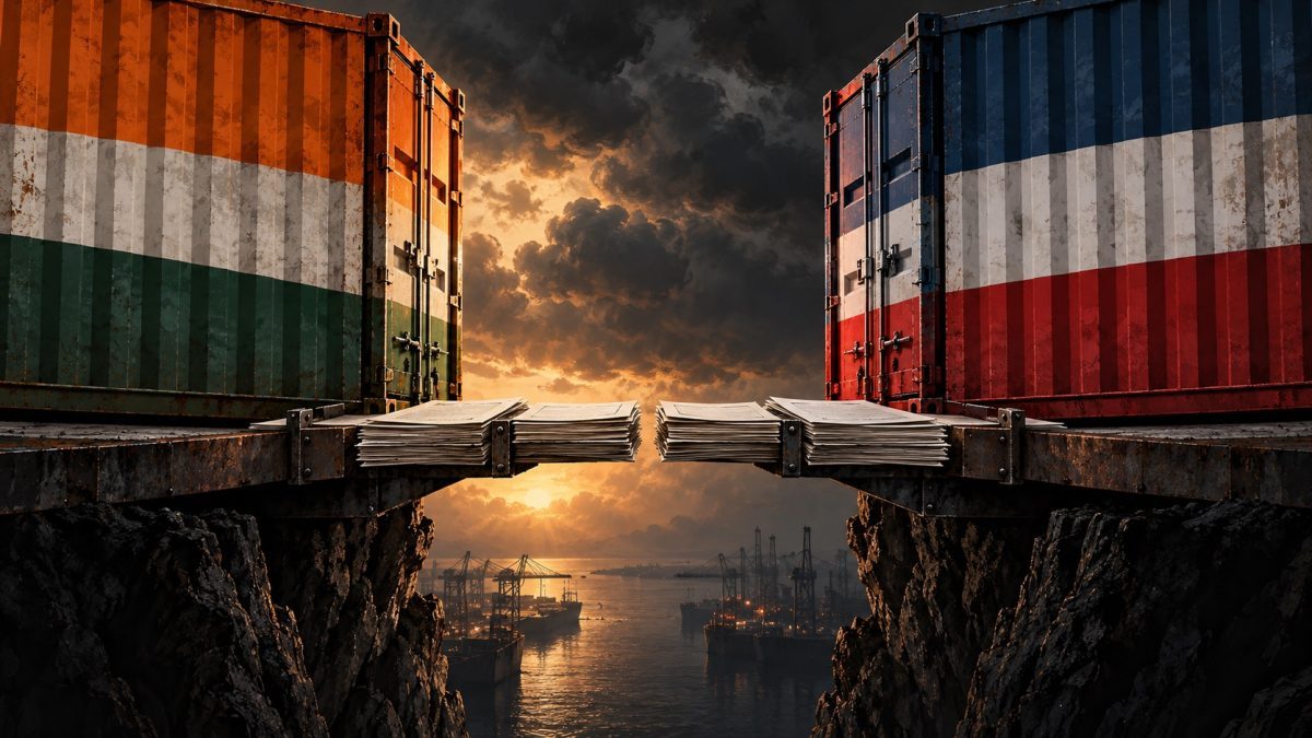 Two shipping containers face an unfinished document bridge, illustrating India US trade deal negotiations