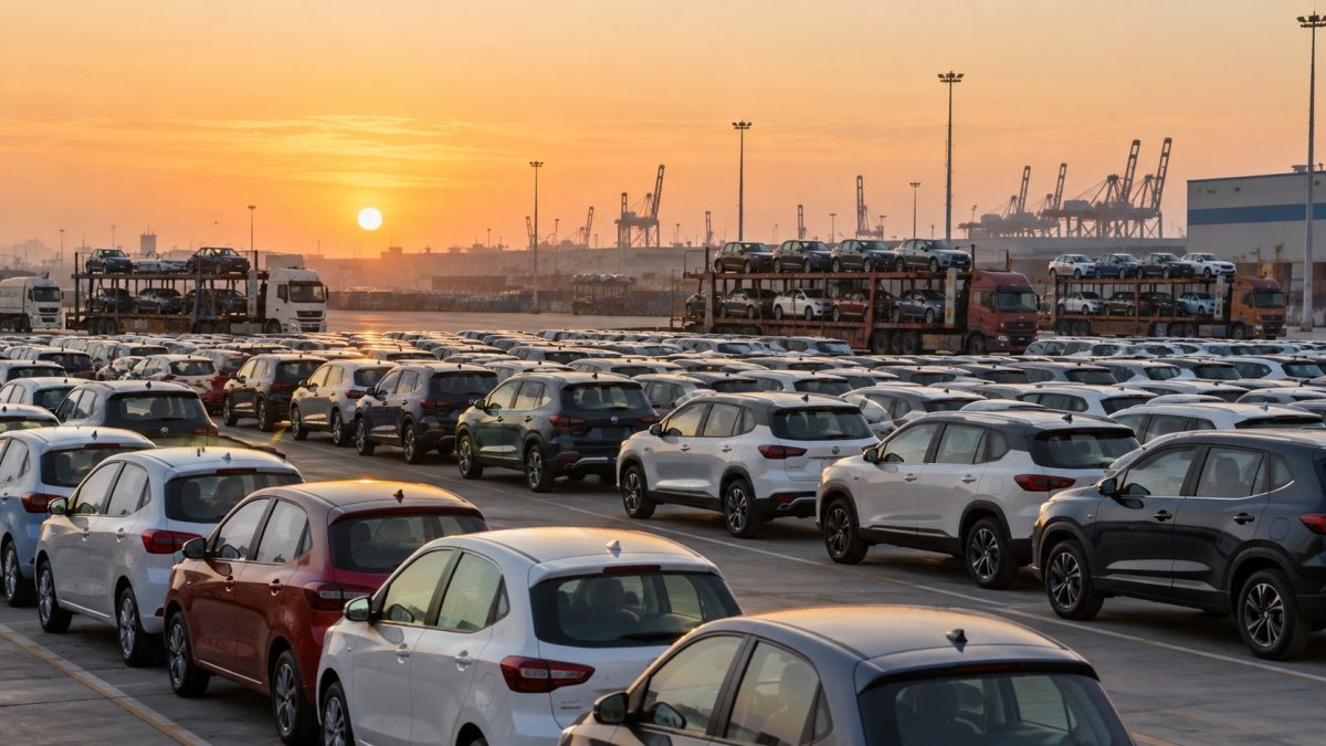 AI-generated editorial illustration of vehicles at a logistics yard for Maruti Suzuki September 2026 sales coverage
