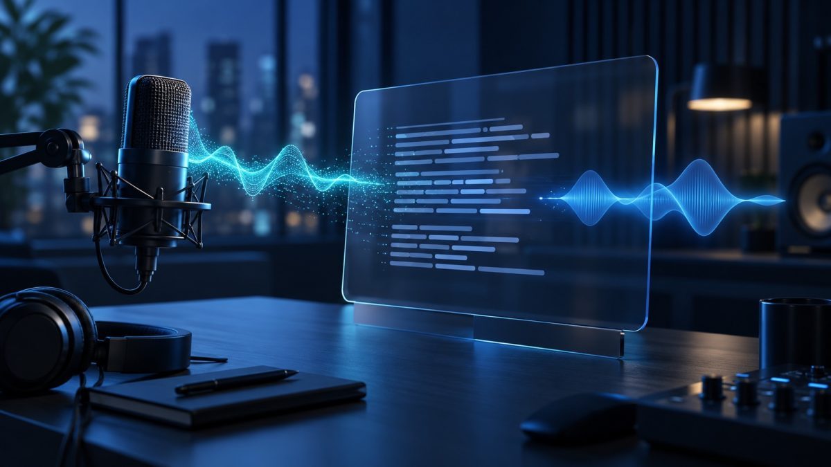 Microsoft voice AI concept showing speech waveforms flowing through live transcription into generated audio