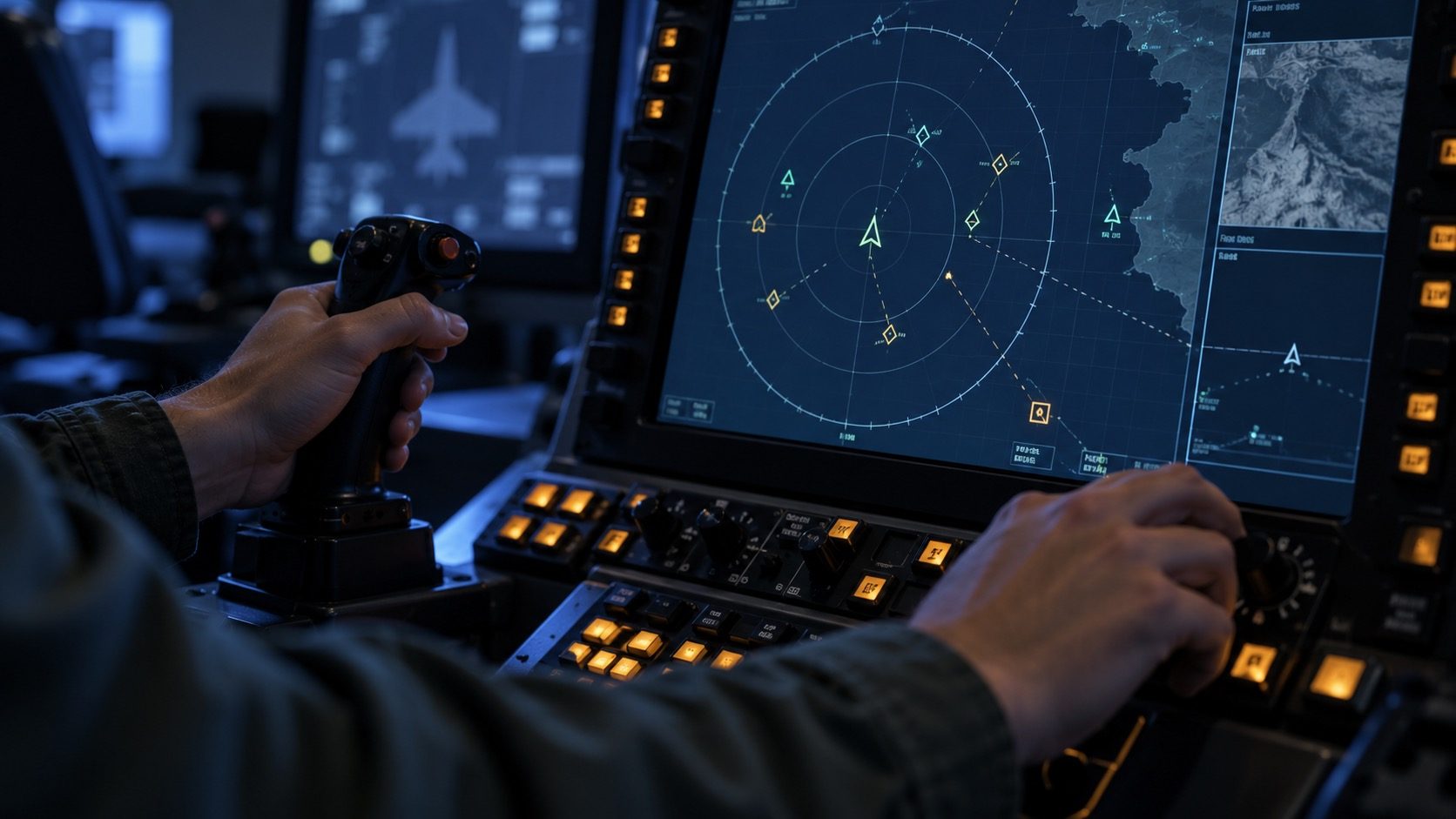 Mirage 2000 simulator concept: hands operating a ground-based fighter training console and radar display