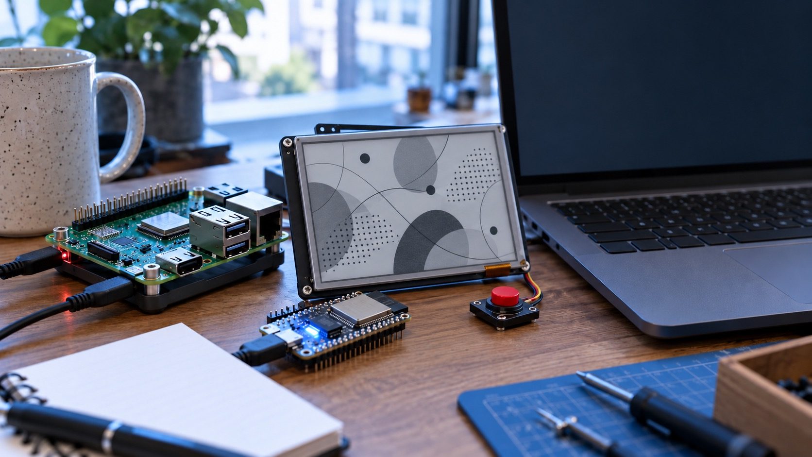 Muse Gadgets maker bench illustration with Linux board, microcontroller, blank e-ink screen and a button