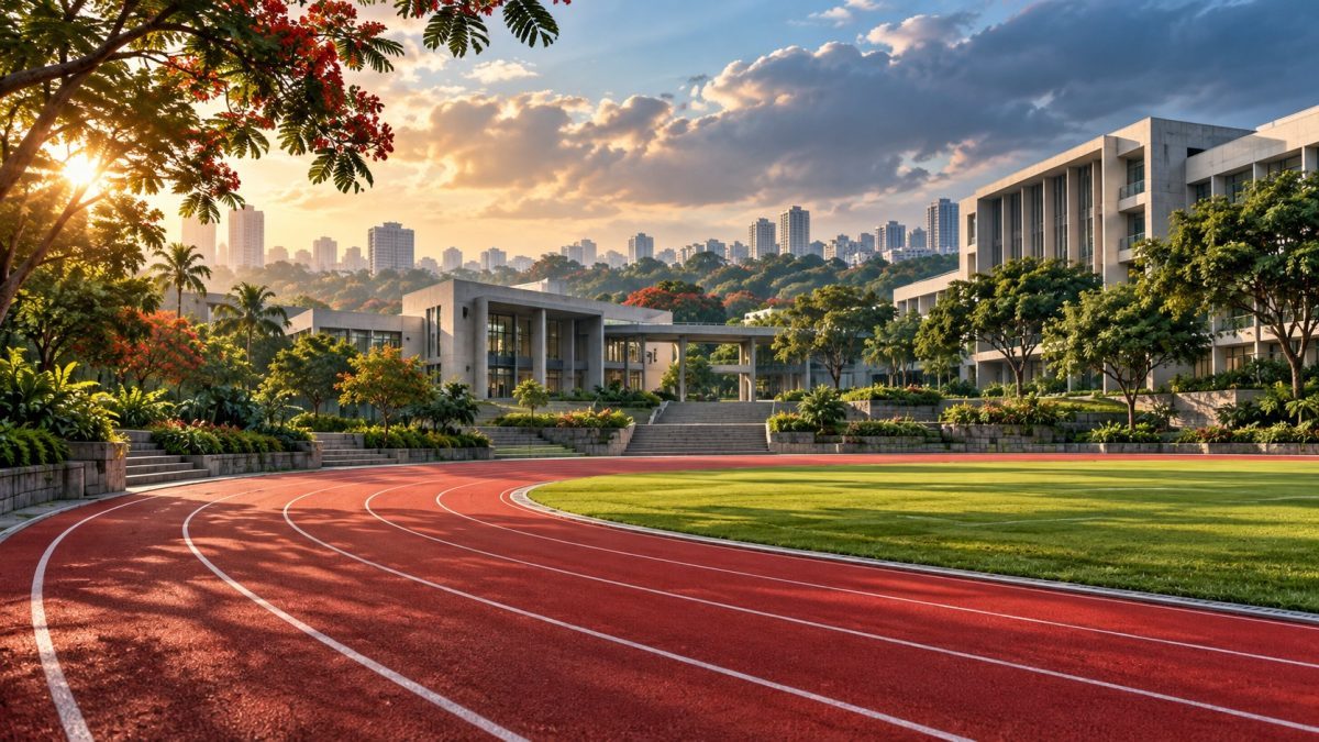 Nike Bengaluru campus plan represented by an illustrated running track and office buildings