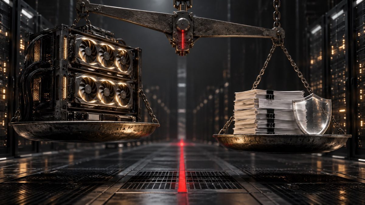 GPU hardware and loan documents on a balance scale, illustrating Nvidia financing collateral risk