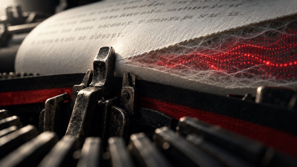 A typewriter mechanism carrying subtle red statistical traces, illustrating the ChatGPT watermark