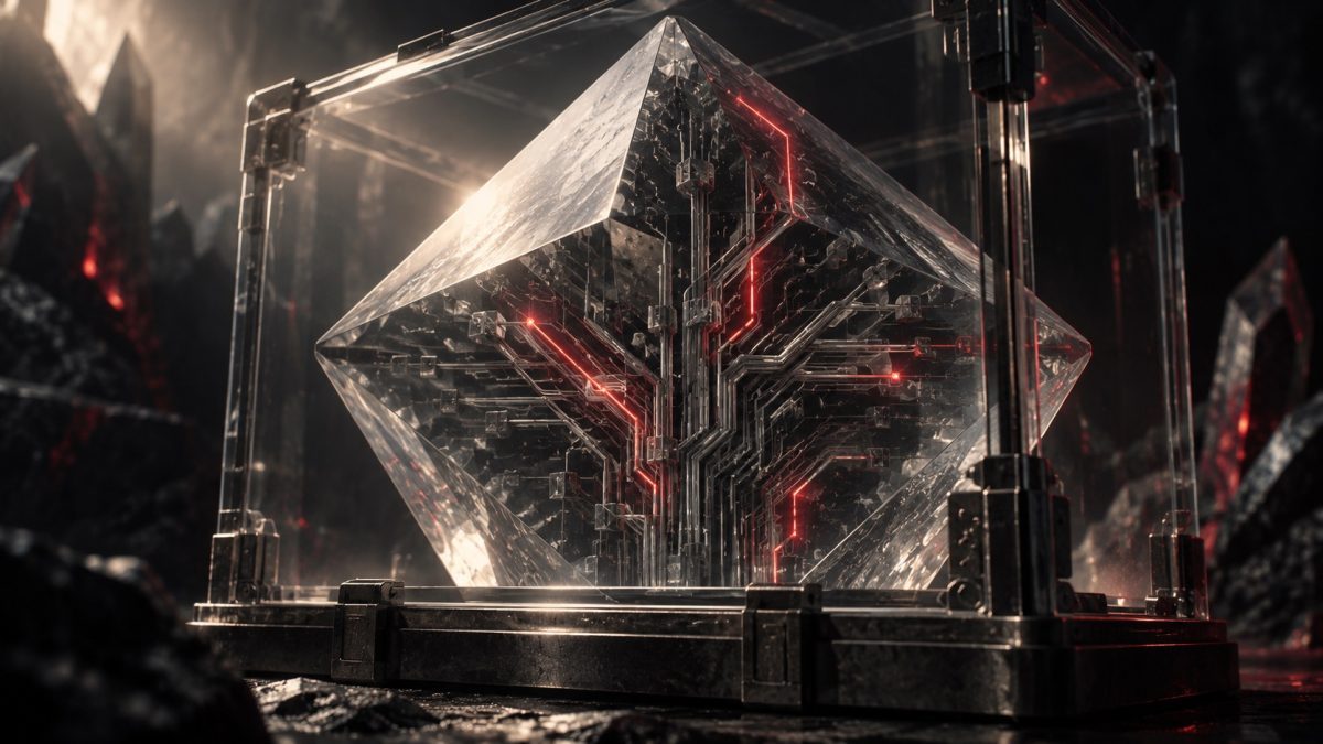 Glass-encased circuitry prism with a few illuminated pathways, illustrating Reflection AI Beam’s sparse expert architecture and pending public release