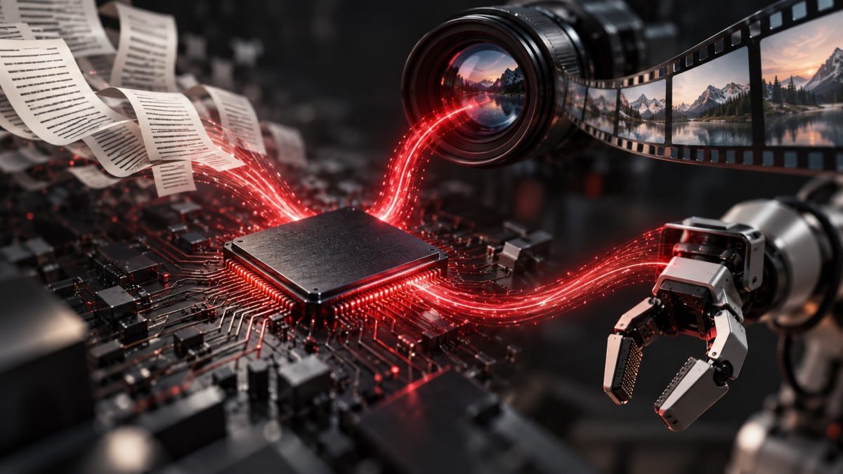 One AI chip linking a camera, video frames and a robot gripper, illustrating Reka AI Rho-1 research