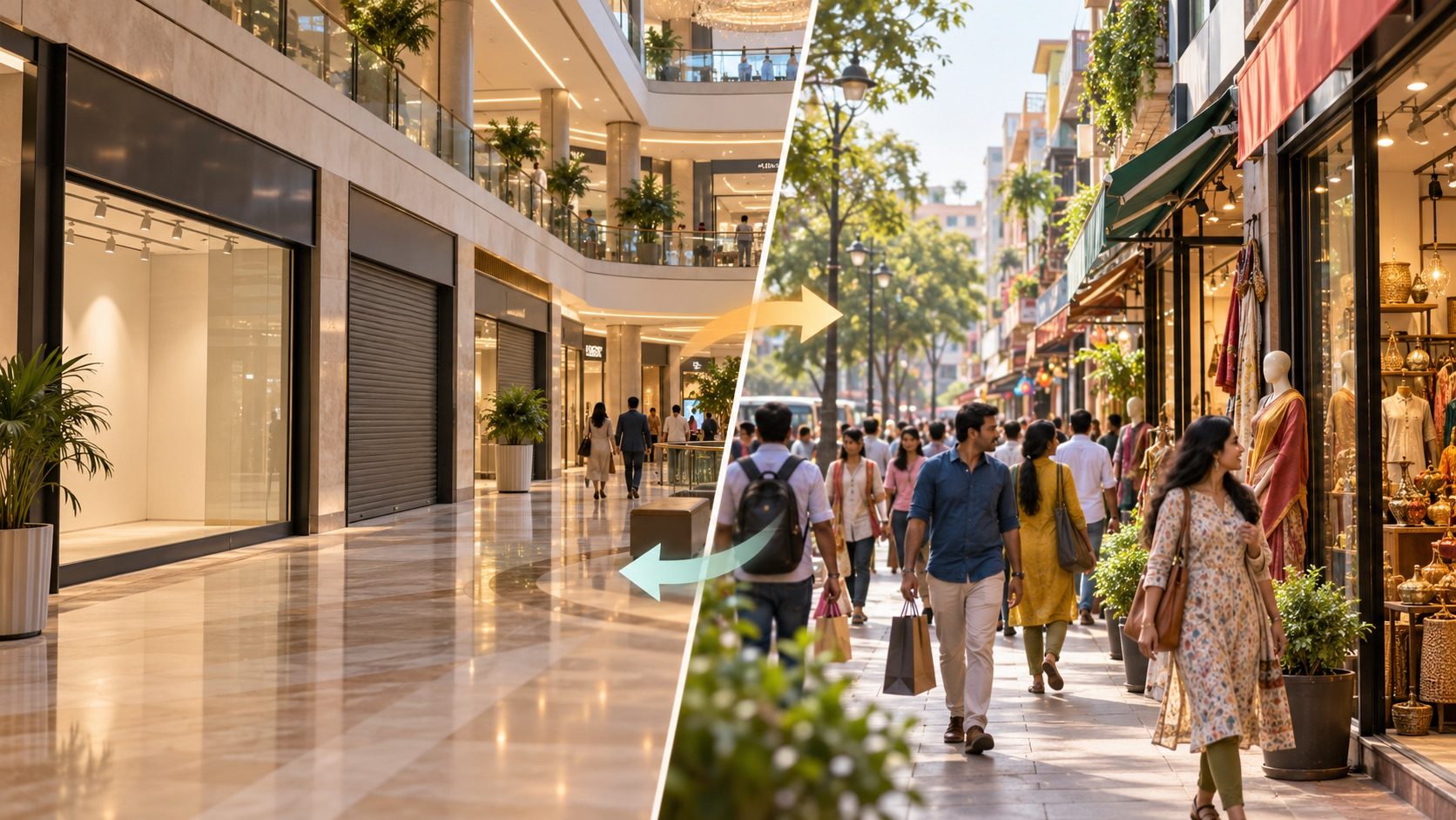 Editorial illustration comparing mall leasing with Indian high-street retail